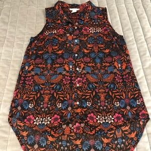 H&M Sleeveless Button-Down Top in Black with Orange, Blue & Pink Floral Print